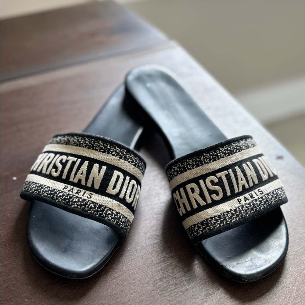 Dior Black and Beige Christian Dior Logo Slide Sandals